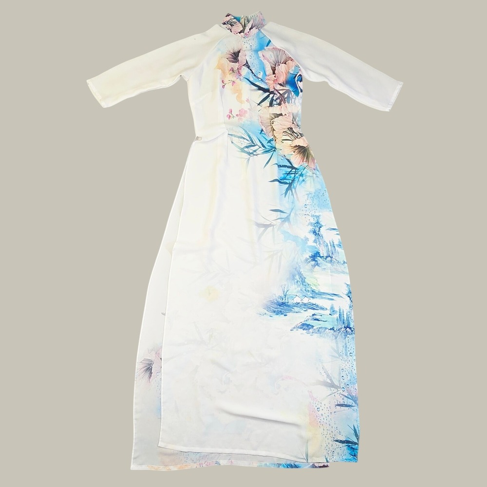 Women's Ao Dai Vietnamese Tunic Dress Small White Blue Pink Landscape